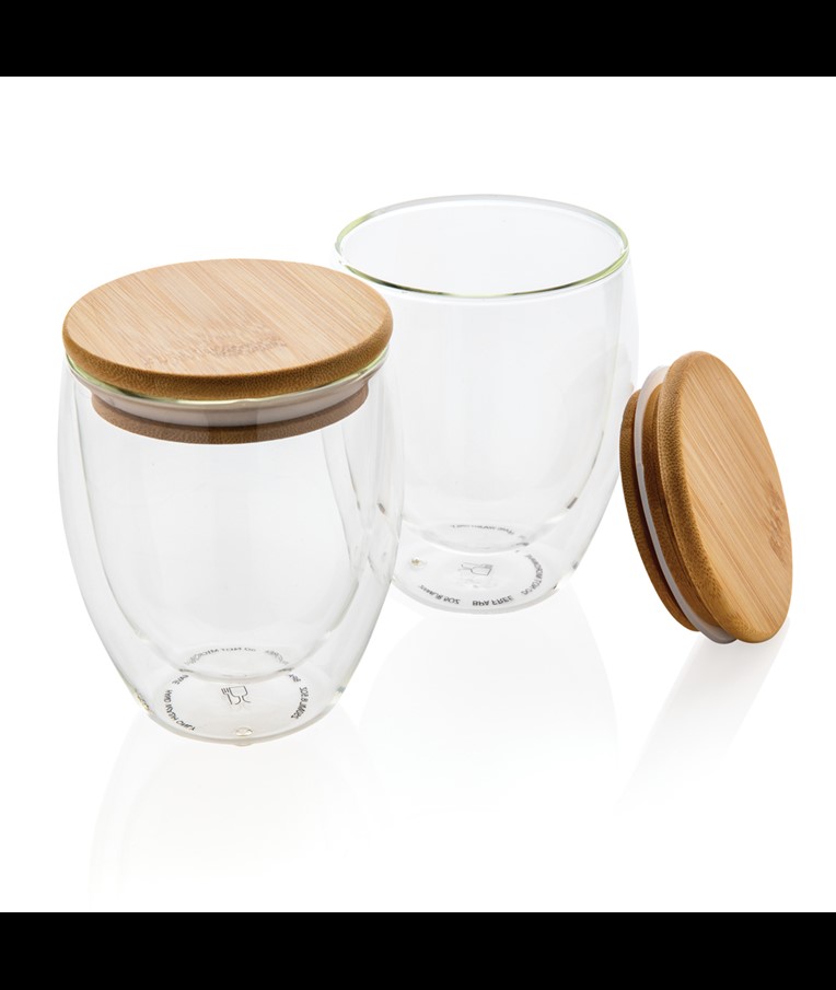 DVOZIDNO BOROSILIKATNO STAKLO S POKLOPCEM OD BAMBUSA 250ML 2KOM SET