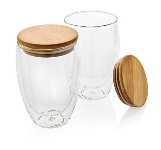 SET DE 2 VERRES DOUBLE PAROI 350ML AVEC COUVERCLE EN BAMBOU