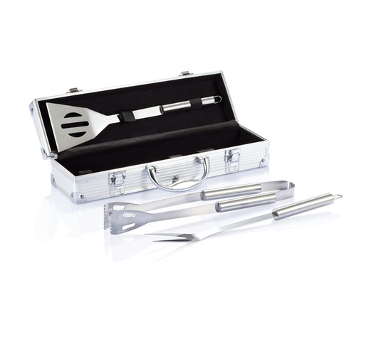 SET DE 3 PCS POUR BARBECUE EN COFFRET ALUMINIUM, ARGENT
