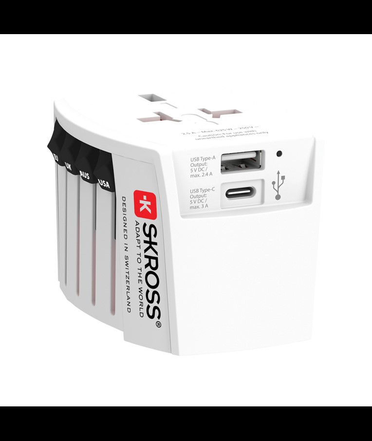 SKROSS WORLD TRAVEL ADAPTER MUV 2-POLE WITH USB A AND C